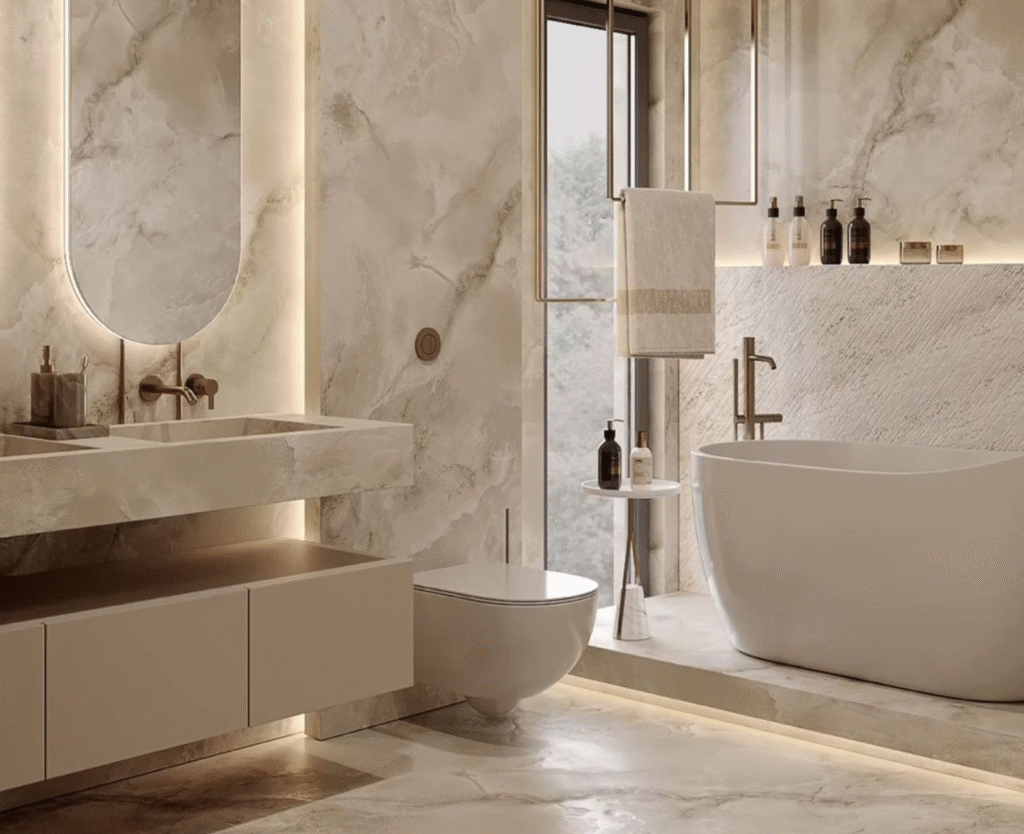 A modern luxury master bathroom with marble walls, a freestanding tub, floating vanity, soft ambient lighting, and elegant fixtures — a stylish example of 2025 renovation ideas Boston homeowners love.
