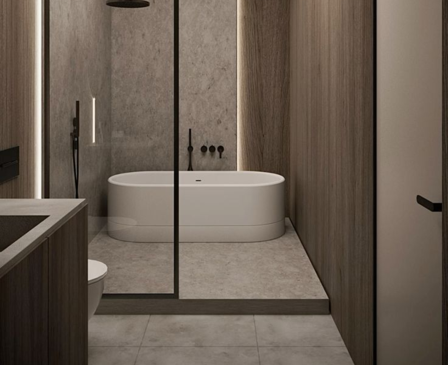 A modern bathroom with minimalist wood and stone finishes, featuring a freestanding tub and warm, cozy flooring that highlights the benefits of heated bathroom floors in Boston homes.